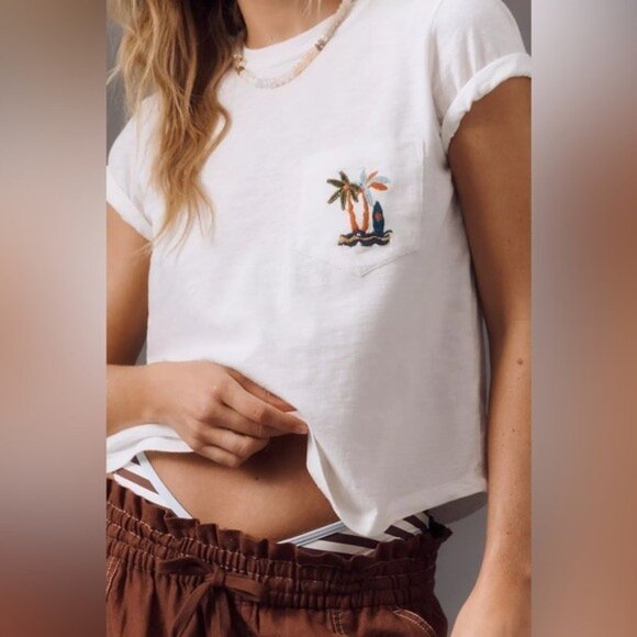 NWT Size XL -Anthropologie 100% Cotton Tee pocket embroidery White - Picture 1 of 16